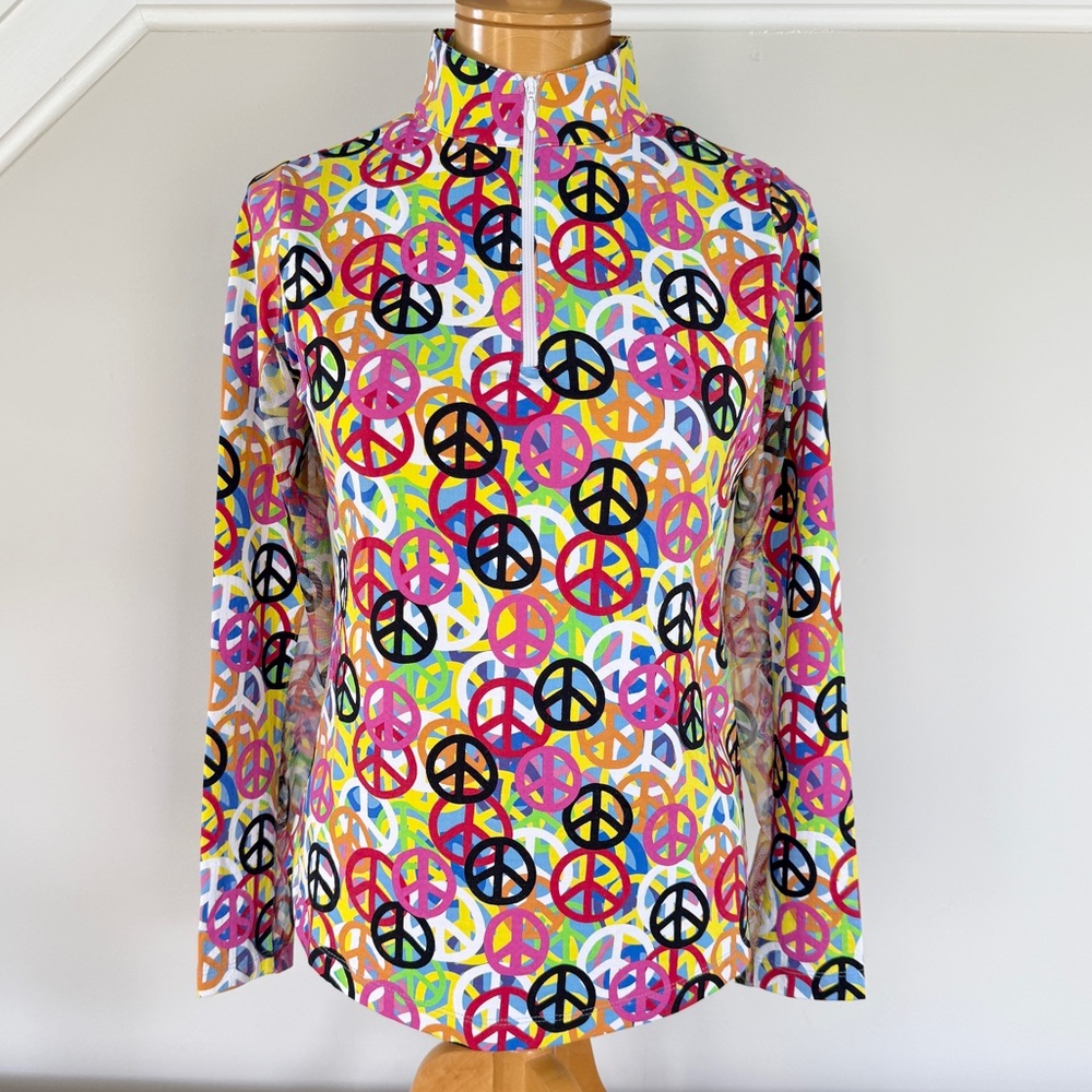 IBKUL Lennox Peri Peace Sign Print Zip Mock Neck Golf Pullover Top Women’s Small